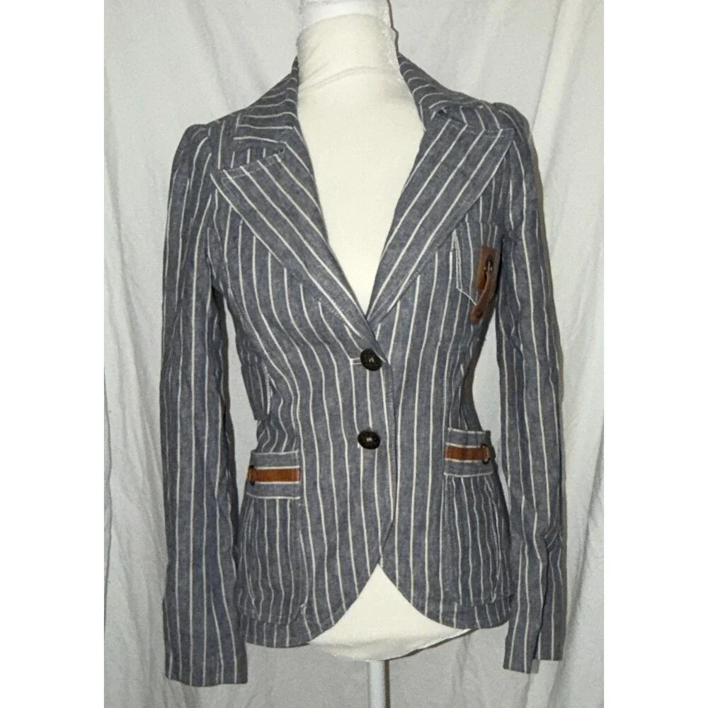 V Cristina Women's Size S Blue White Striped Linen / Cotton Blazer